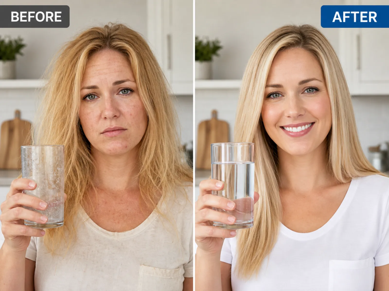 Before and after treated water: spotted glass and dull hair versus clear water and healthy hair