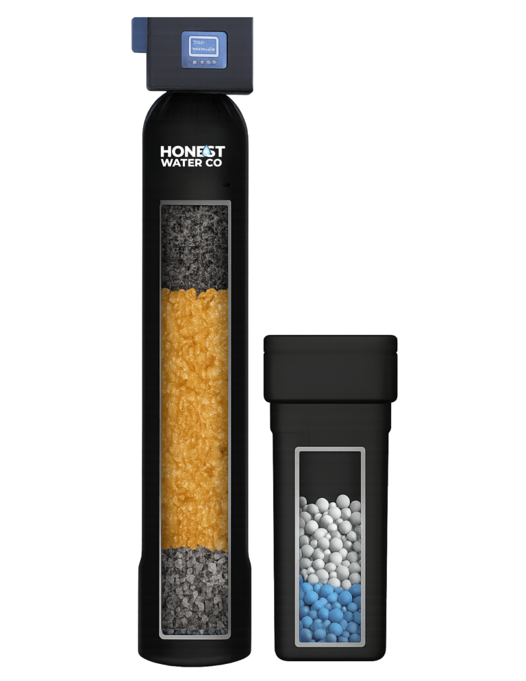 Honest Water high-efficiency softener with brine tank, cutaway view