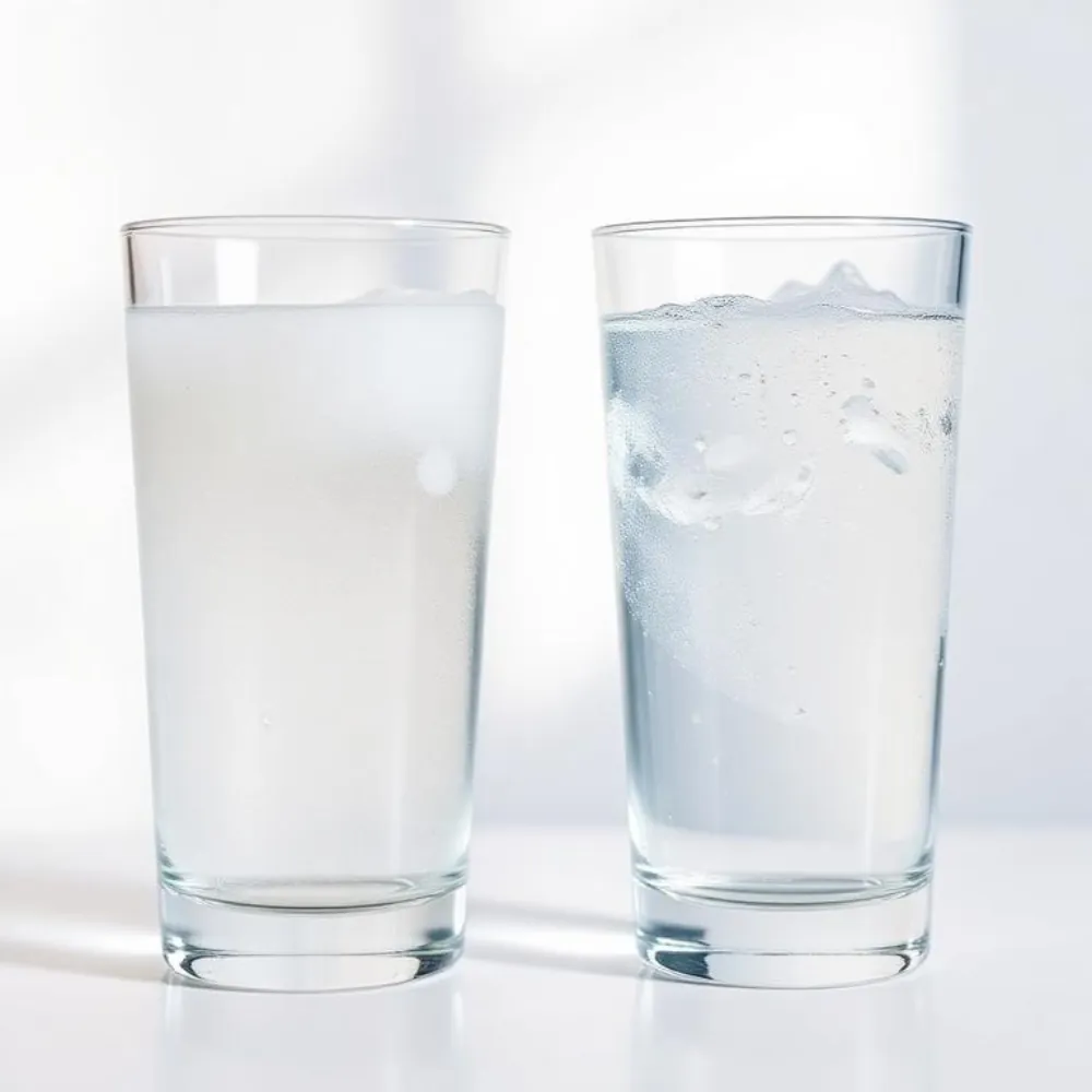 Hard water spots covering a drinking glass