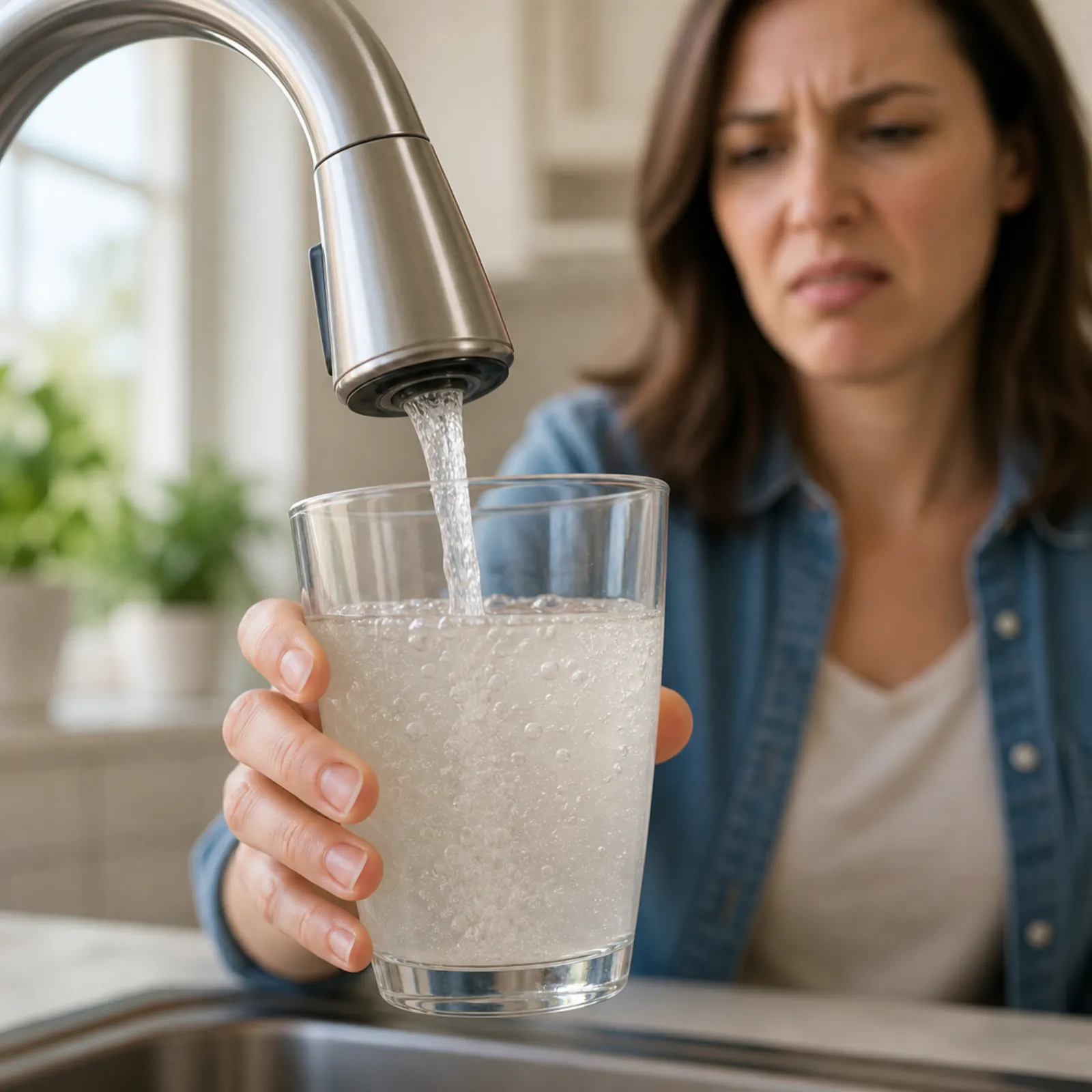 Glass of tap water with off taste and odor